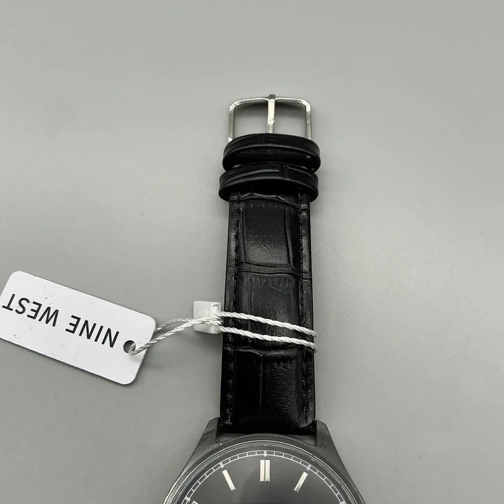 Nine West Womens Watch 42mm Silver Tone Black Dial Black Leather NWW2201W